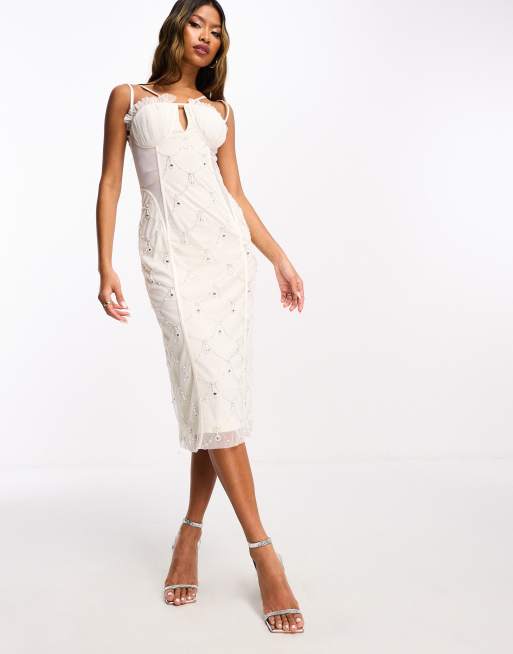 Starlet exclusive ruched cup embellished midi dress in ivory