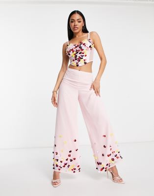 Starlet - Exklusive, verzierte Hose mit kräftigem Blumenmuster und weitem Bein-Rosa