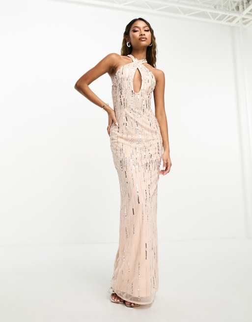 Lipsy twist neck sequin 2025 maxi dress in gold