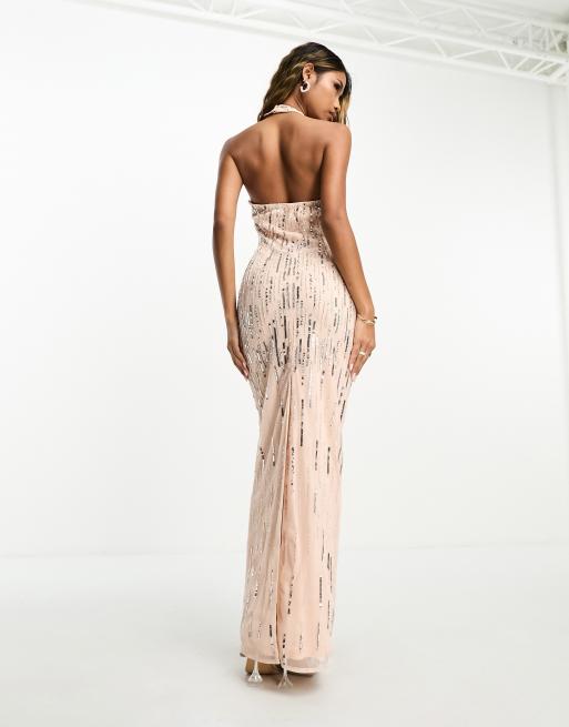 Lipsy twist neck sequin 2024 maxi dress in gold