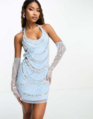 Starlet halterneck mini dress with pearl and diamante embellishment in baby blue - ASOS Price Checker