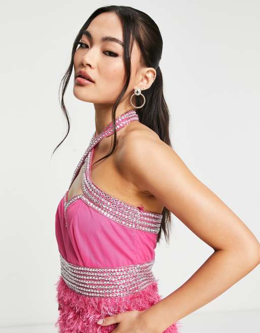 Starlet high neck embellished faux feather mini dress in hot pink | ASOS