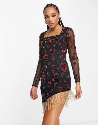 Starlet Long Sleeve Mini Dress With Embellished Hearts And Gold Fringe-black