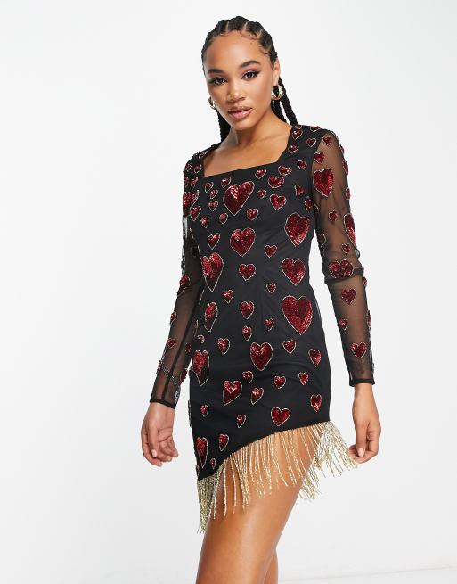 Starlet long sleeve mini dress with embellished hearts and gold