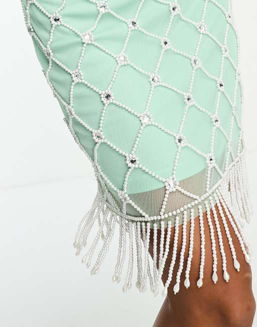 Starlet – Mintgrön miniklänning med bandeau-ringning, nätutsmyckning och pärlade fransar, 4 av 4