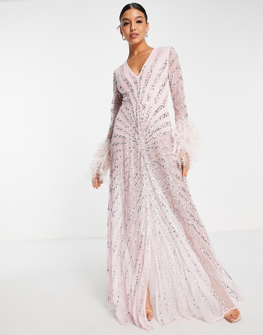 Starlet plunge embellished maxi dress with faux feather cuffs in baby pink