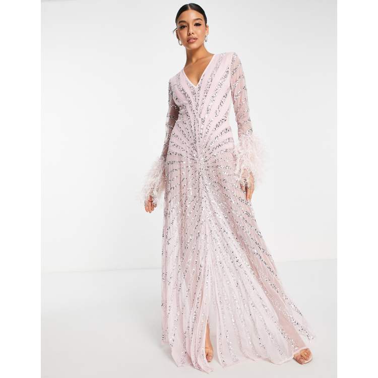 Vlekkeloos Chemie aankleden Starlet plunge embellished maxi dress with faux feather cuffs in baby pink  | ASOS