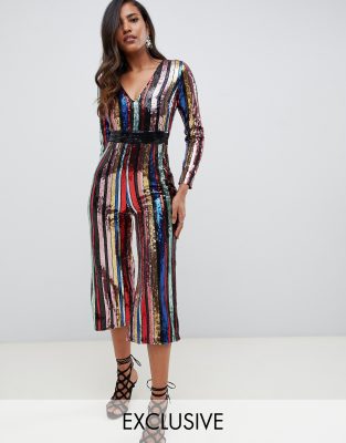 Starlet plunge front culotte jumpsuit in rainbow stripe-Multi - Starlet ...