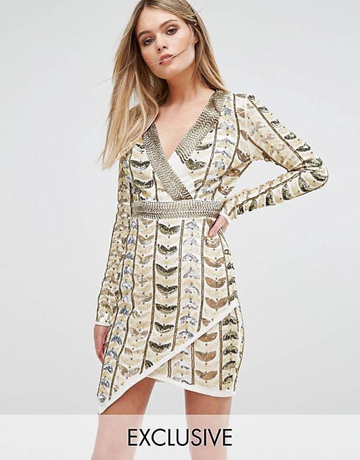 Starlet Plunge Front Mini Dress with Wrap Skirt in All Over Embellishment
