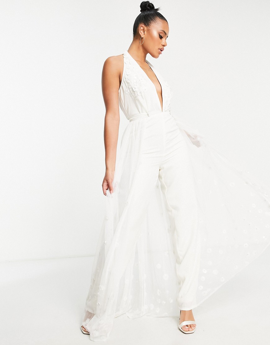 plunge jumpsuit with tulle overlay in ivory 3D floral-White