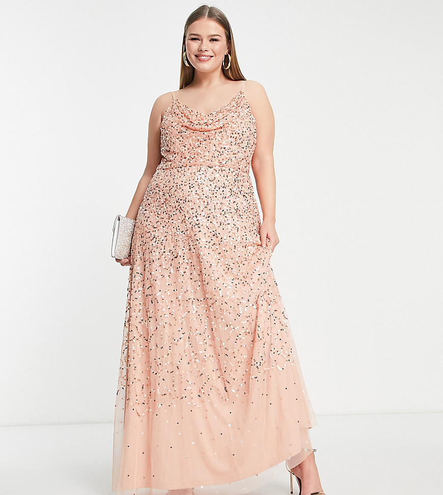 Starlet Plus exclusive cowl neck sequin maxi dress in peach-Pink