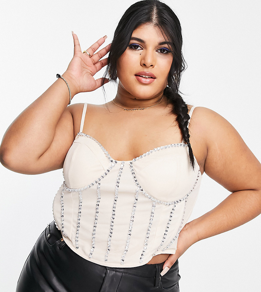 Plus-size corset top by Starlet Exclusive to ASOS Embellished design Sweetheart neck Fixed straps Zip-back fastening Slim fit