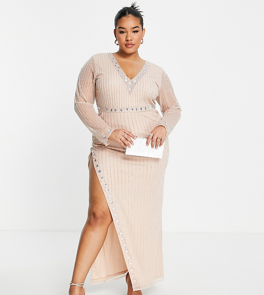 Starlet Plus exclusive embellished thigh slit midaxi dress in champagne-Gold