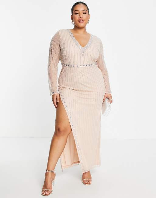 Starlet Plus - Exclusives - Midaxi jurk met versiering en dijsplit in  champagnekleur | ASOS