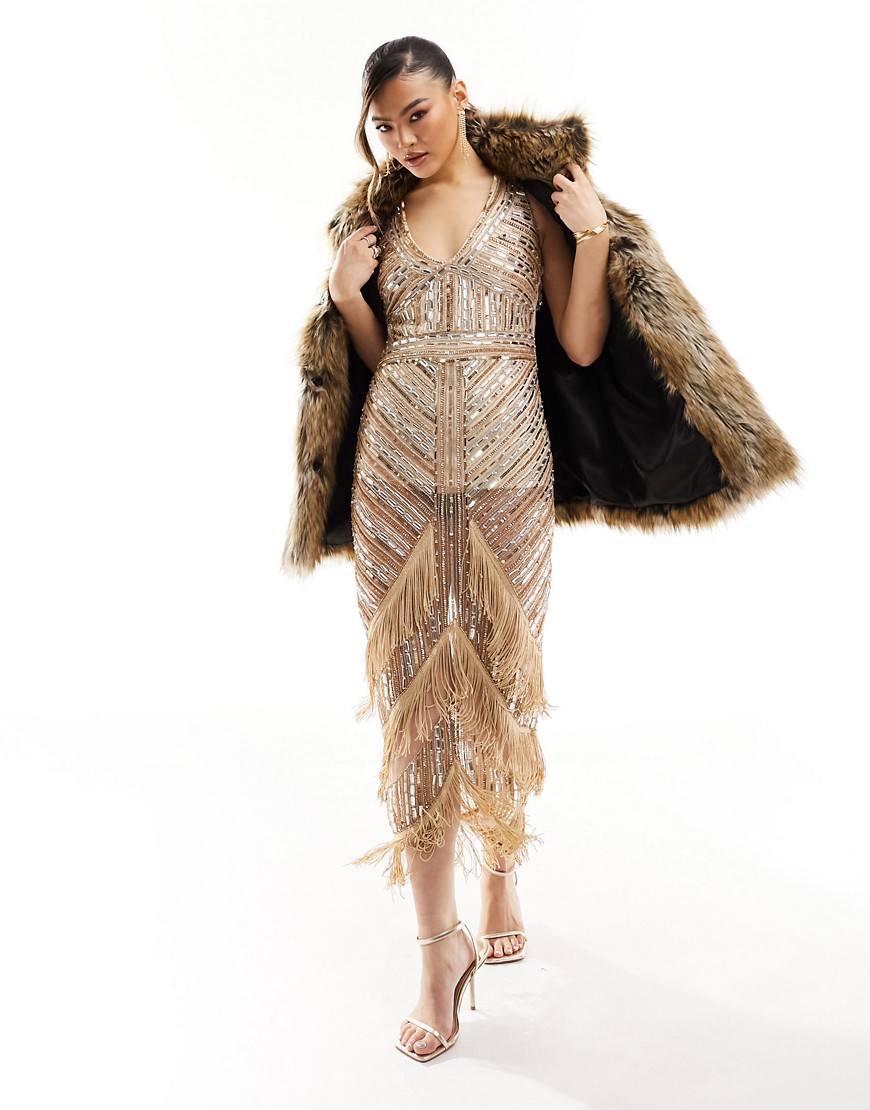 Starlet premium embellished sequin midi dress with cross back and tassel detail in gold