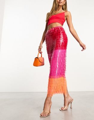 premium ombre embellished shard sequin midaxi skirt in pink-Multi