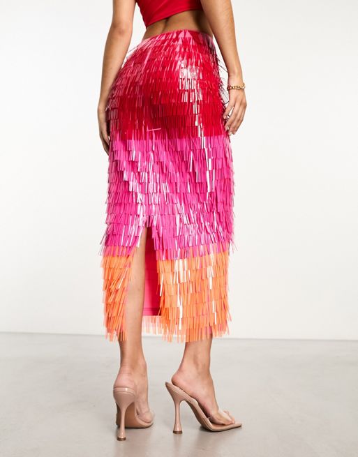 Hot Pink Ombre Print Woven Tassel Wrap Skirt