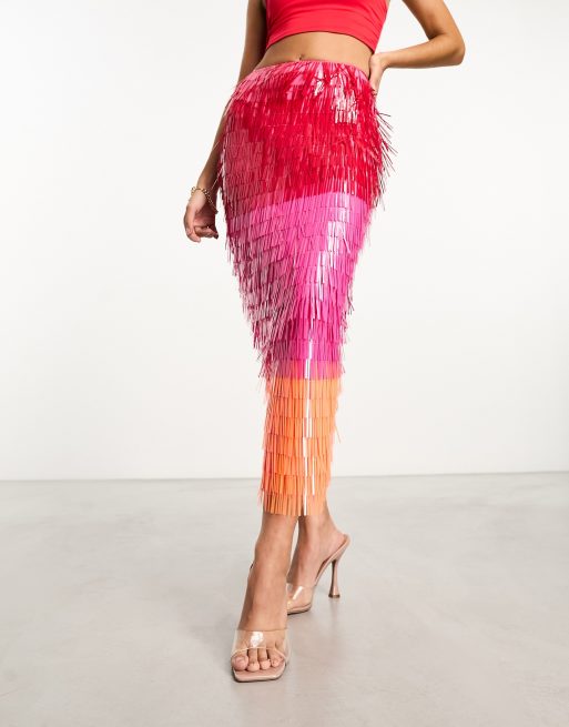 Mid Pink Glitter Mesh Pleated Midaxi Skirt