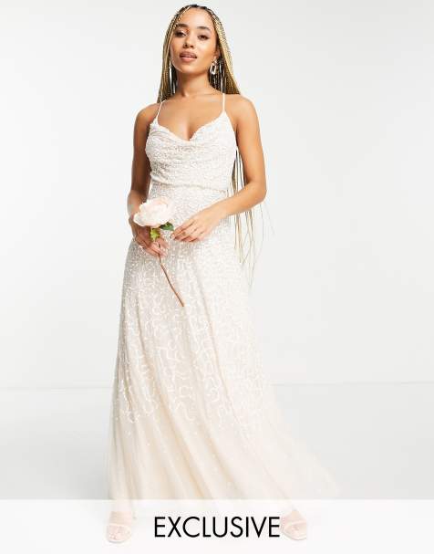 Starlet - Robe de mariage longueur mollet à ornements, col bénitier et à sequins nacrés éparpillés - view 1