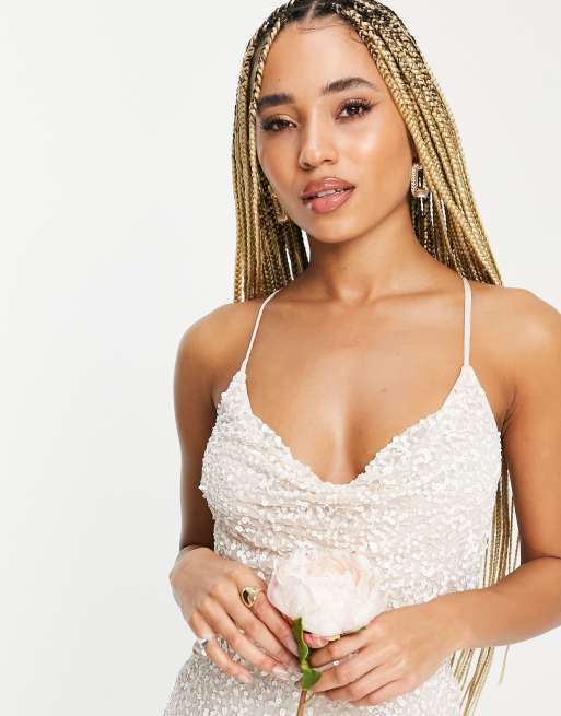 Starlet - Robe de mariage longueur mollet à ornements, col bénitier et à sequins nacrés éparpillés, 3 de 4