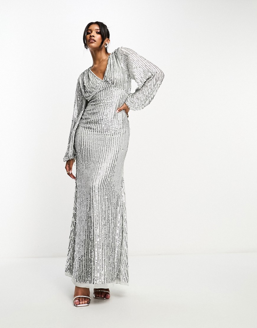 Starlet sequin balloon sleeve maxi dress in silver