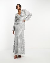 Flounce London Maternity long sleeve wrap maxi dress in silver