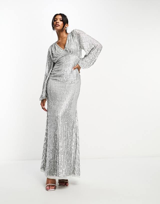 Starlet - sequin balloon sleeve maxi dress in silver
