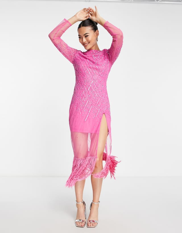 Starlet sequin midaxi dress in hot pink with faux feather trim