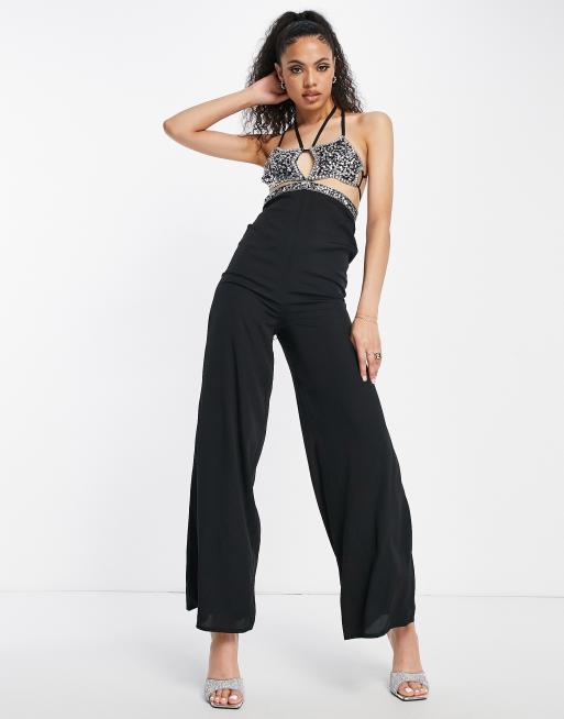 Starlet star bra embellished wide leg jumpsuit in black | ASOS