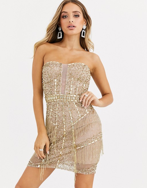 Starlet strapless all-over embellished mini bodycon in gold
