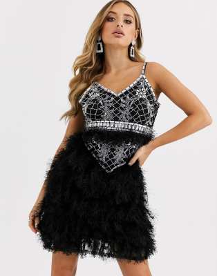 black feather mini dress