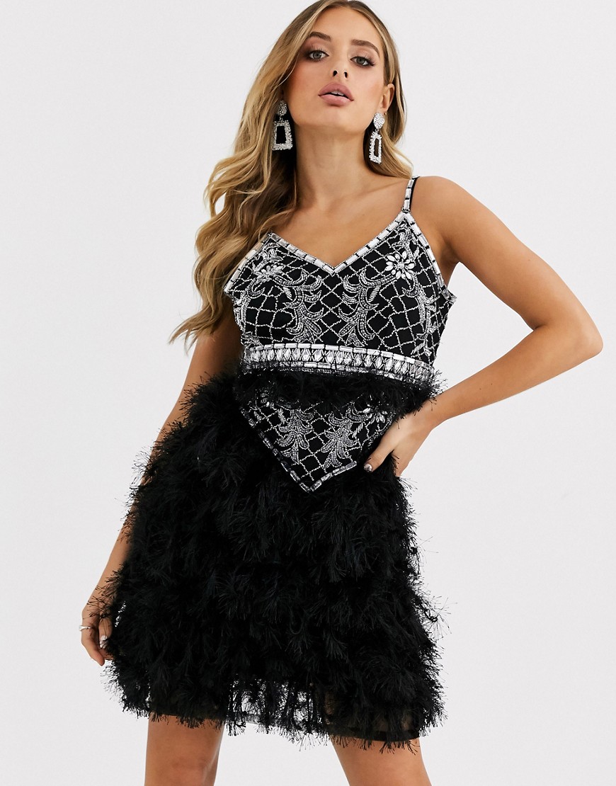 Starlet strappy embellished faux feather mini dress in black and silver