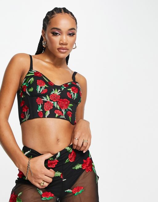 Starlet - Top corset d'ensemble bandeau transparent avec roses brodées