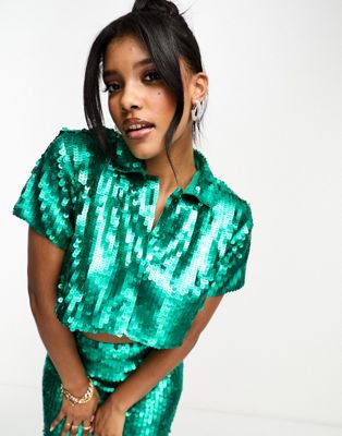 Starlet embellished sequin top co-ord in emerald green - ASOS Price Checker