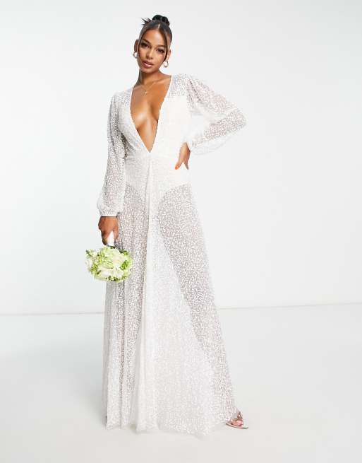 Starlet - Vestito da sposa lungo trasparente con maniche a palloncino e scollo profondo, color avorio con paillettes