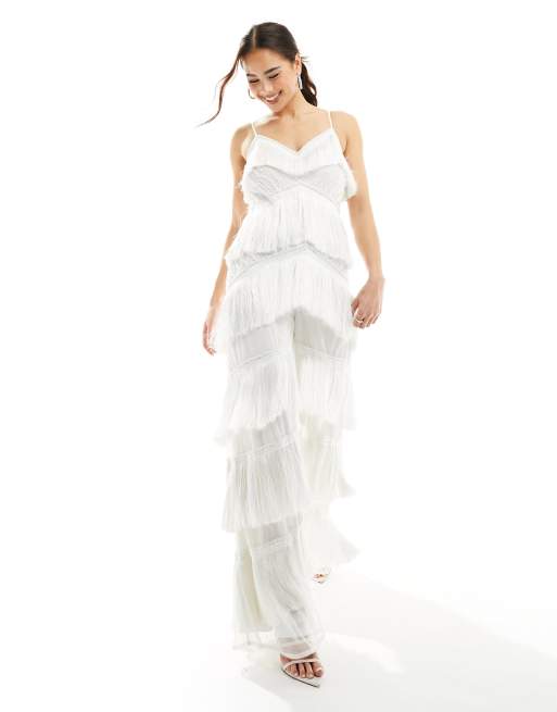 Starlet Vit, utsmyckad jumpsuit med smala axelband och fransar ASOS