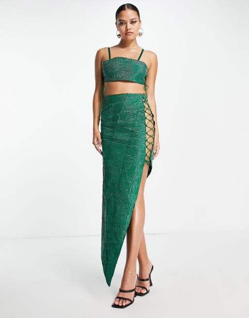 Starry Eyed - Premium - Asymmetrische midirok met siersteentjes en veters aan de zijkant in groen, deel van co-ord set