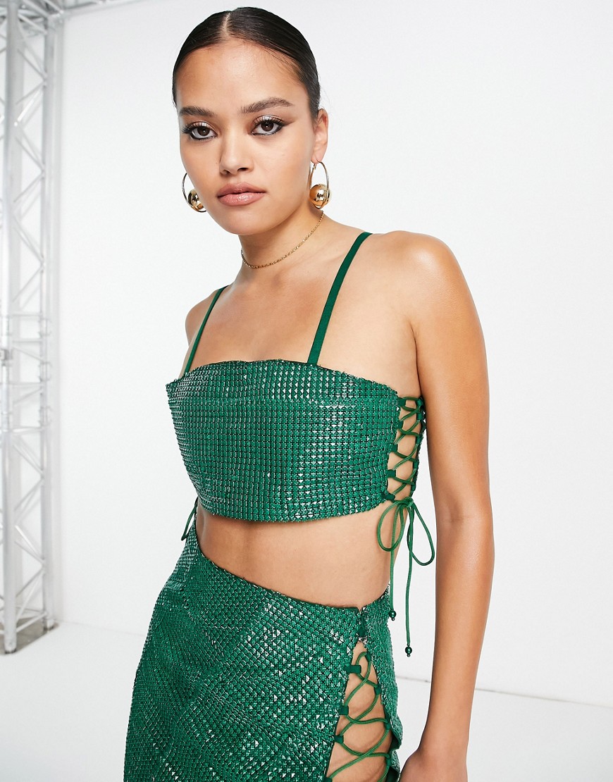 premium bling lace up side crop top in green - part of a set