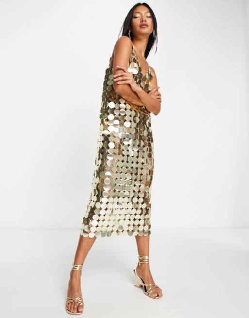 Starry Eyed premium disc detail midi dress in gold | ASOS