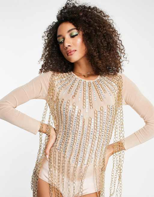 Starry Eyed premium embellished chain detail body in gold, 2 of 4