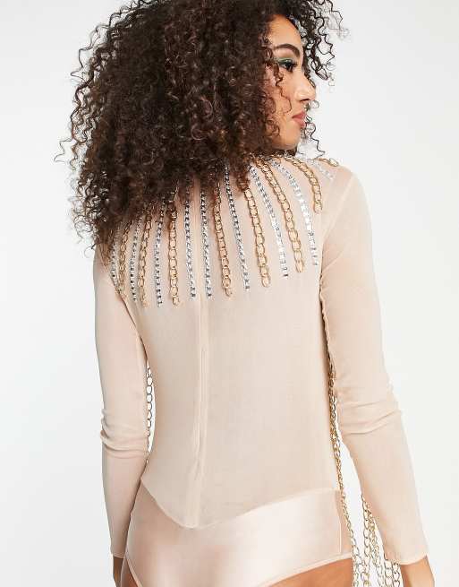 Starry Eyed premium embellished chain detail bodysuit in gold