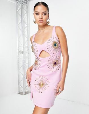 Starry Eyed premium embellished cut out waist  mini dress in pink