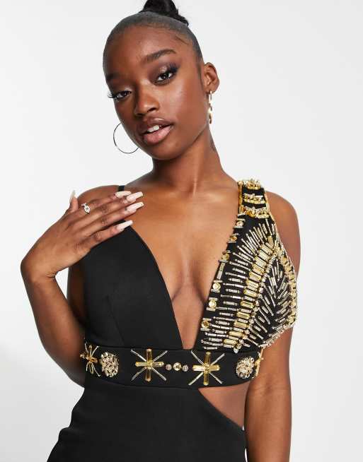 Starry Eyed premium embellished deep plunge cami strap midi dress in black, 3 of 4