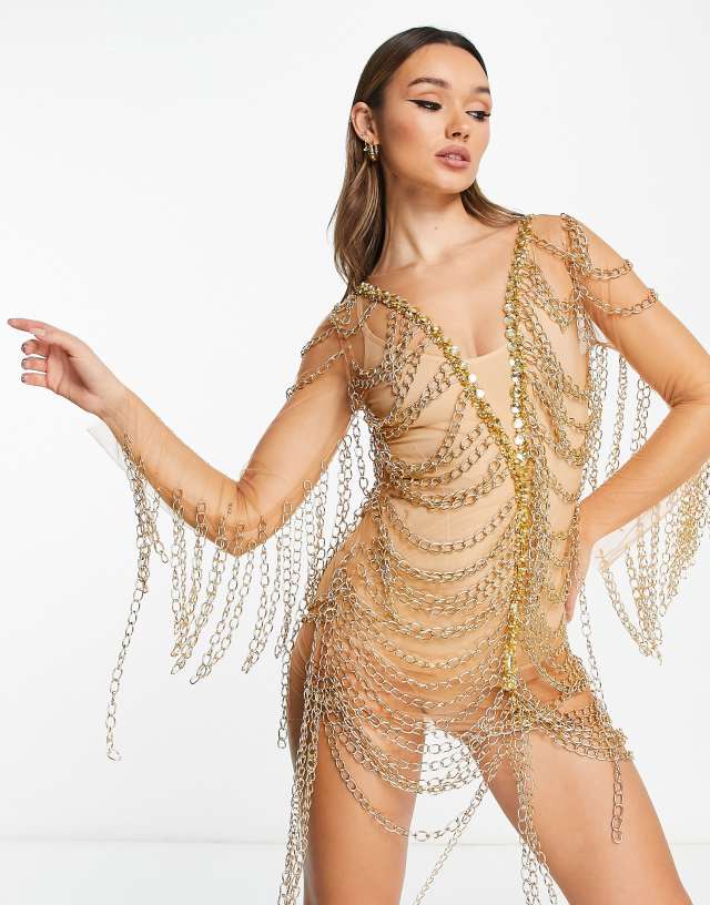 Starry Eyed premium embellished fringe chain detail sheer mini dress in gold