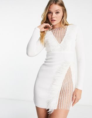 Starry Eyed Premium embellished trim mini cut out pencil dress with faux feather trims in white
