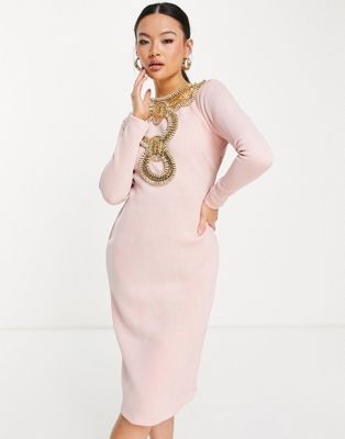 Starry Eyed premium heavy embellished long sleeve open back midi dress in pink
