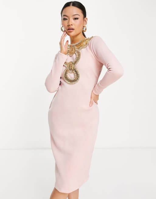 Starry Eyed premium heavy embellished long sleeve open back midi dress in pink ASOS