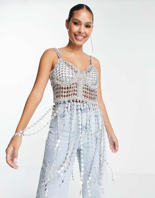 Starry Eyed - Top à ornements de qualité supérieure avec ourlet à franges - Argenté