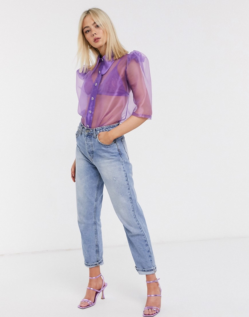Stefania Vaidani lily organza shirt with floral buttons in purple