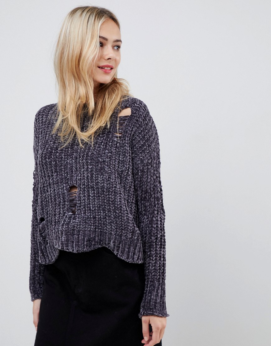 Stella Morgan Cropped Chenille Sweater with Distressed Hem-Gray